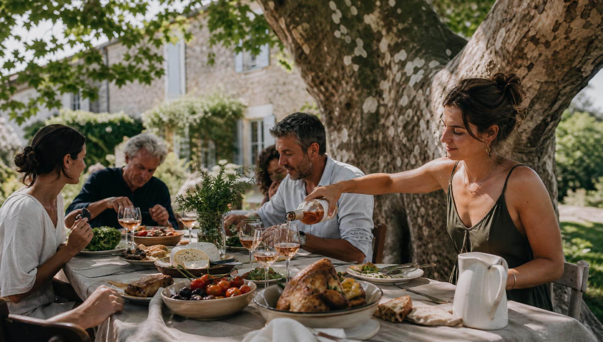 A long Provençal lunch table under a plane tree — friends and family carving roasted chicken, tearing bread, and pouring rosé